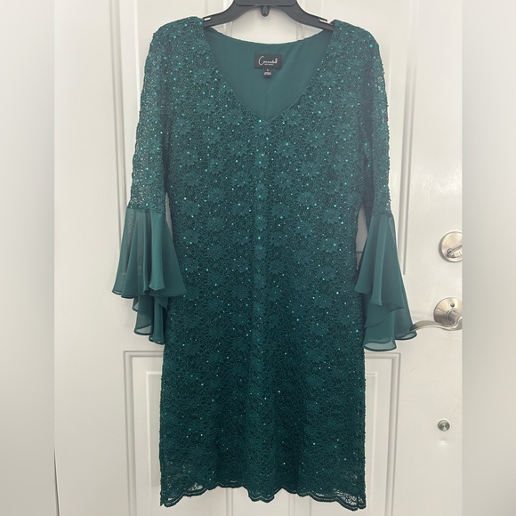 Connected Apparel Emerald Green Long Sleeve Sequin Lace Dress Size 6 - Picture 2 of 8